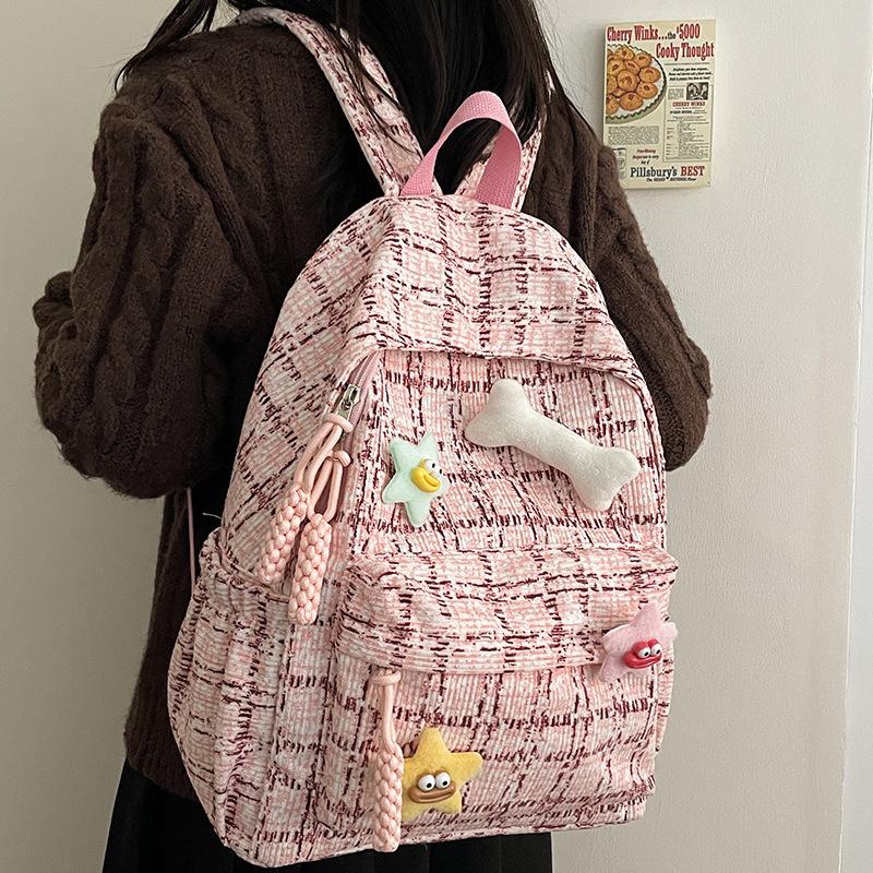 Japanese Style Literary And Artistic Small Fresh Plaid Schoolbag, High School Student Campus Backpack Female Corduroy Backpack Female