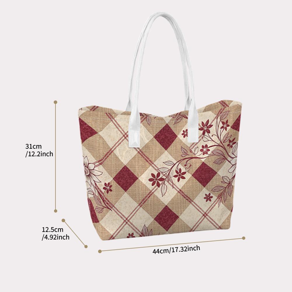 Vintage Plaid Floral Casual Large Tote Bag Portable Daily Lightweight Ladies Shoulder Handbag