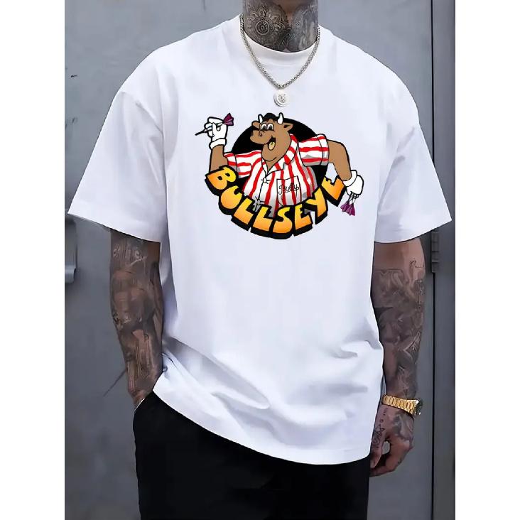 Men S & Women S Black Crew Neck T-Shirt with Funny Bull & Dart Cartoon Bullseye Graphic - Soft Stretchy Retro Casual Tee, Short Sleeve Shirt for S белый