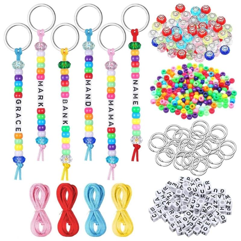 DIY Beaded Keychain Craft Kit, 566-Piece Set with Letter Beads, Cords and Metal Key Rings for Personalized Name Designs