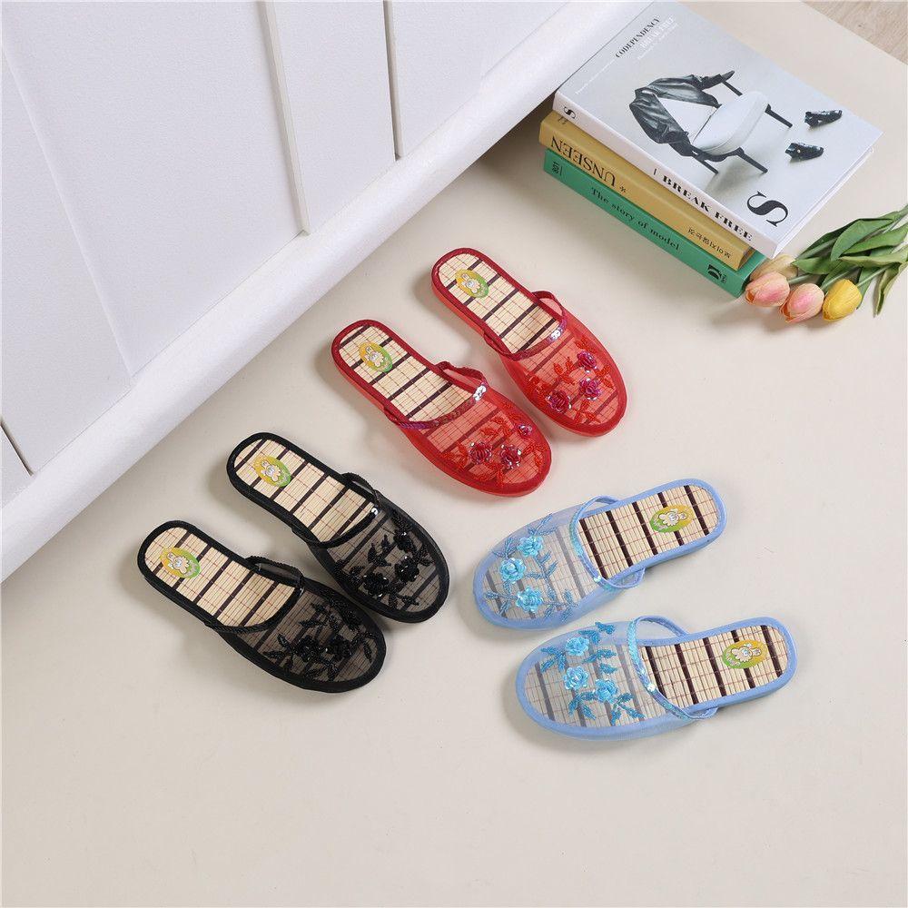 Handmade Beaded Home Slippers Women's Summer Indoor Mesh Wooden Flooring All Season Slippers Flat Heel