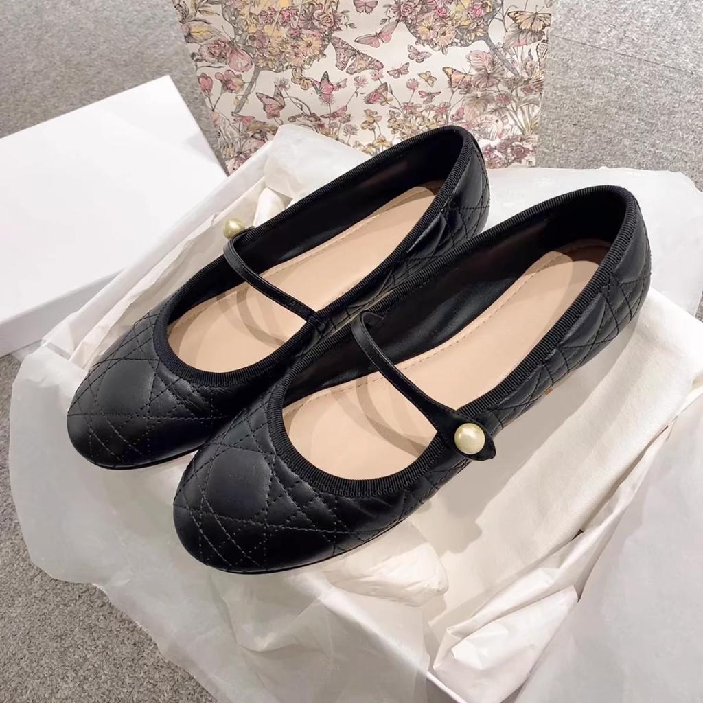 Mary Jane Shoes Women Soft Soled Beanie Shoes Black Pearl Buckle Strap Shallow Sole Flat Women's Elegant Stylish Flat Shoes
