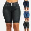 Mid Rise Pockets Buttons Fly Short Jeans Knee Length Stretchy Denim Shorts for