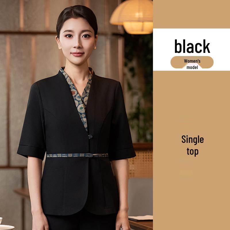 Damen Sommer Kurzarm-Uniform: Chinesischer Stil Catering, Hotel Lobby, Hot Pot Restaurant Empfangskleidung