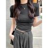 Irregular American style right shoulder short-sleeved T-shirt for women in summer hot girl high waist exposed navel slim fit versatile short top