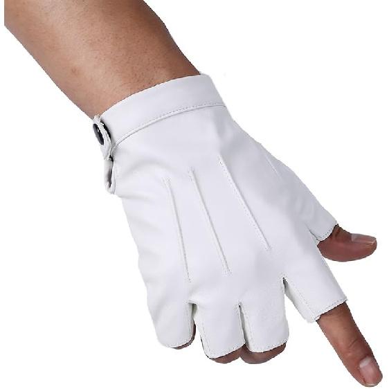 JISEN Men PU Leather Punk Half Finger Snap Performance Gloves белый
