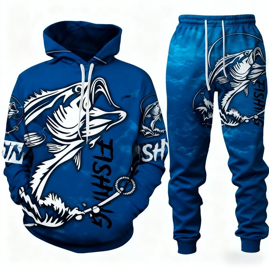 Popular Bass Fishing 3D Print Unisex Hoodie Pants Suit Men Long Sleeve Tracksuit Outfit Casual Outdoor Hunting Camping 2Pcs Sets