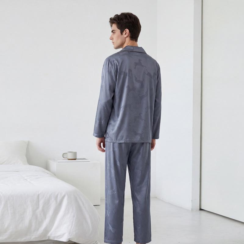 Ice silk pajamas men's spring and summer jacquard horse simulation silk long-sleeved trousers set simple thin loose loungewear