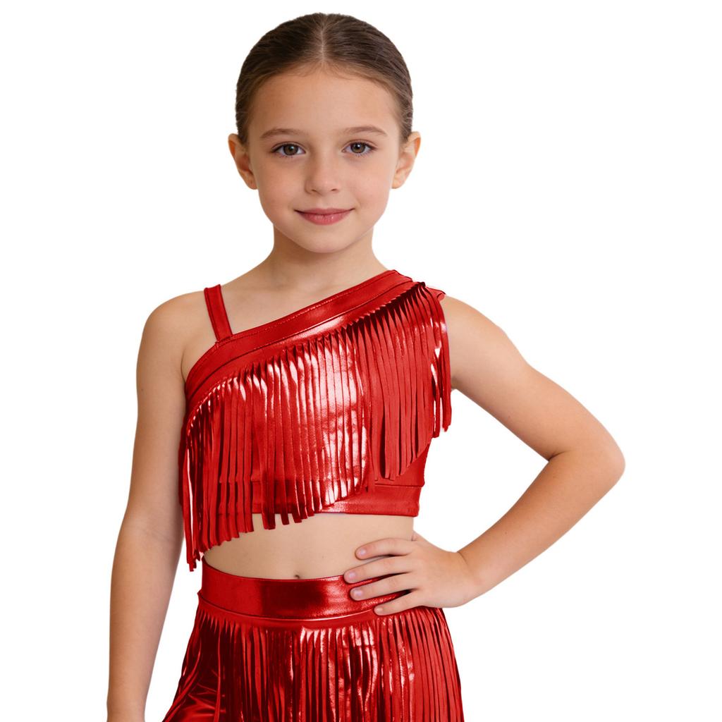 Mädchen Jazz Dance Crop Top Asymmetrische Schulter Metallische Quasten Tanzbekleidung