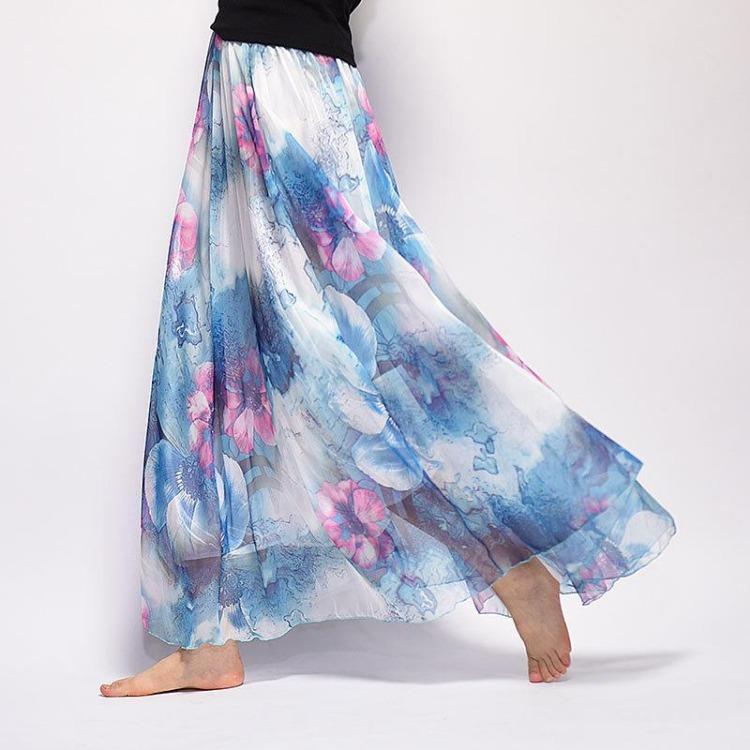 Bohemian Long Skirt Summer Retro Beach Skirt European and American New Style Printed Chiffon Skirt