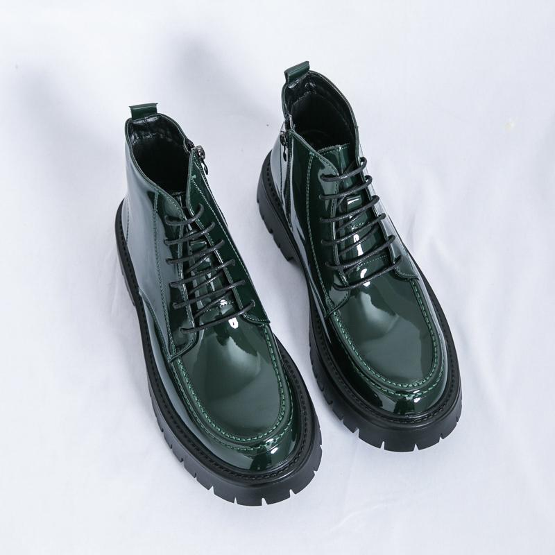 Trendy Men's Shiny Leather Shoes Thick Soled Wear-resistant Lace Up Outdoor Work Boots Winter Green Business Men's Ankle Boots