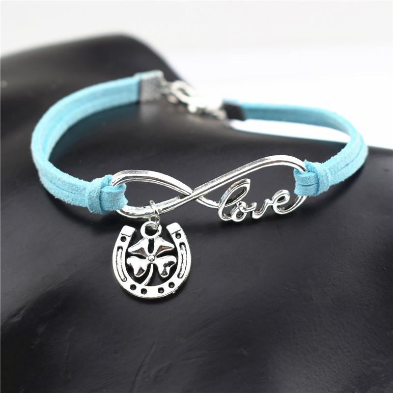 

Кожаный браслет «Бесконечная любовь» с лошадью и подковой для женщин и мужчин, копыта, счастливый подарок, браслеты с подвесками в виде четырехлистного клевера небесно-голубой