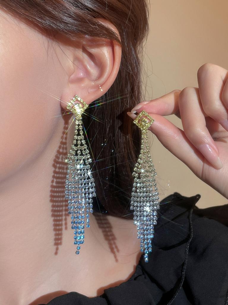 Fashion Gradual Change of Color Super Flash Full Diamond Long Fringed Earrings
