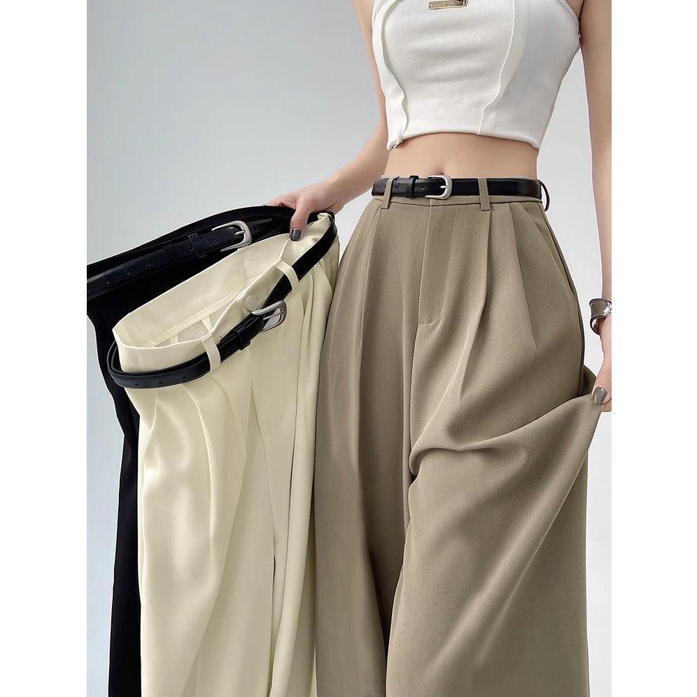 

Women s Spring/Summer 2026 High Waist Loose Wide Leg Floor-Length Suit Pants Khaki Short with Black Belt 95cm