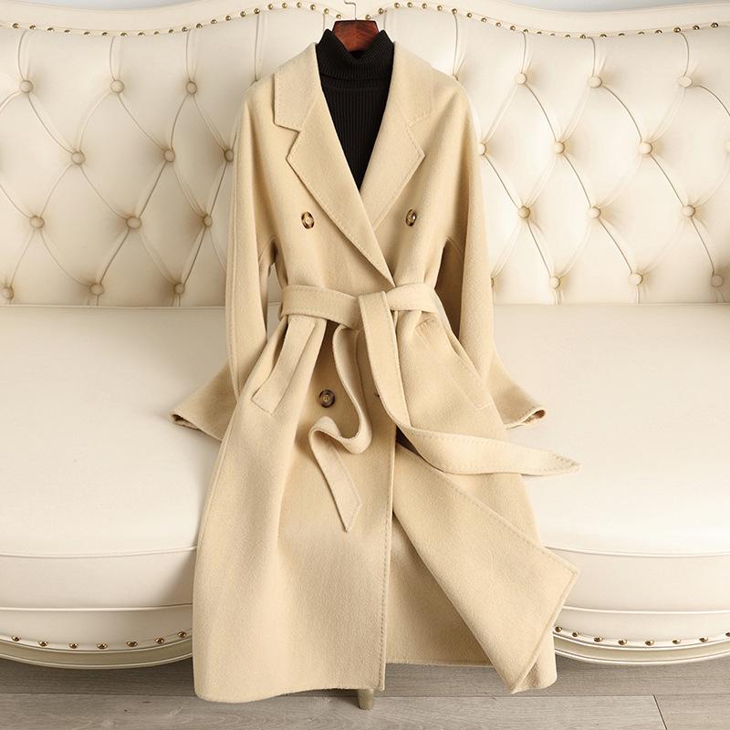 

Пальто из шерсти высокого класса M Family: Двустороннее, выше колена, в стиле Хепберн для женщин Small бежевый