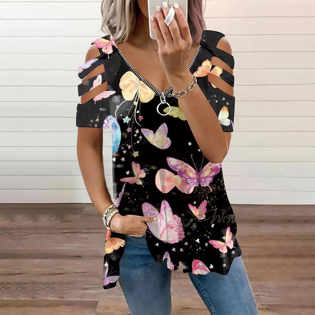 Women's Fashion Casual V-Neck Zipper Printed Off-Shoulder Short-Sleeved T-Shirt Top