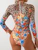 Women's Long Sleeve One-Piece Bikini Swimsuit with Printed Triangle Pants
