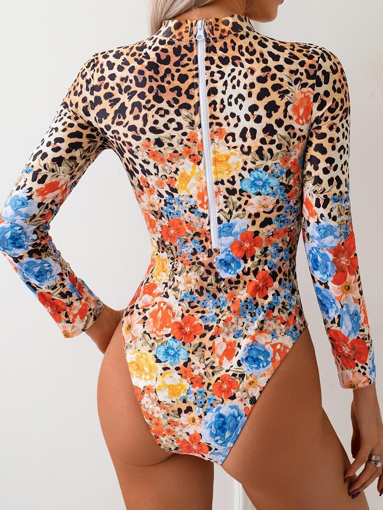 Women's Long Sleeve One-Piece Bikini Swimsuit with Printed Triangle Pants