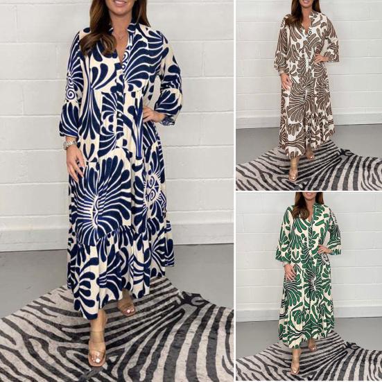 Women Maxi Dress Ninth Sleeves Contrast Color Vintage Print Oversized Patchwork Ankle Length Button Decor High Waist Lady Ankle Length Long Dress