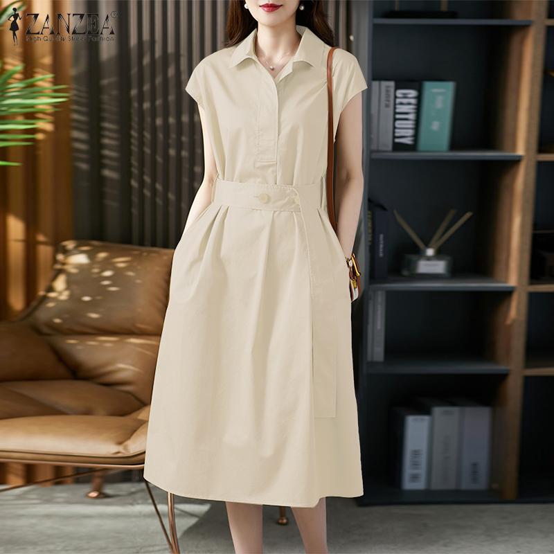 ZANZEA Women Turn Down Collar Summer Casual Short Sleeve Dress