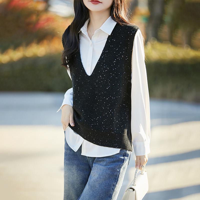 

2025 Spring Women s Loose Raccoon Velvet V-Neck Knit Vest with Sequins XL