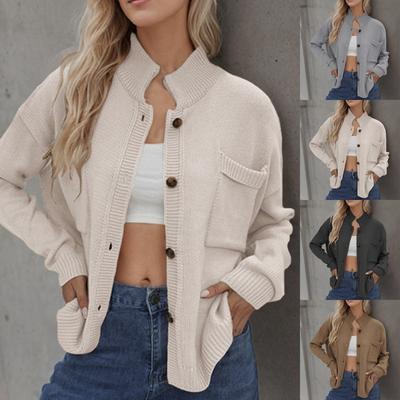 Women's Solid Color Autumn And Winter Round Neck Bat-Sleeve Knitted Cardigan Button Sweater