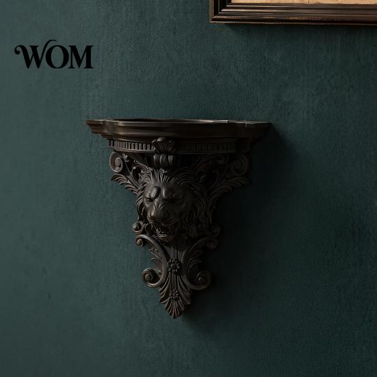 French Style Wall Shelf Shelf, Matte Black Texture Decorative Stand, Retro Lion Embossed Mounted Thickened One-Piece Structure Display Rack