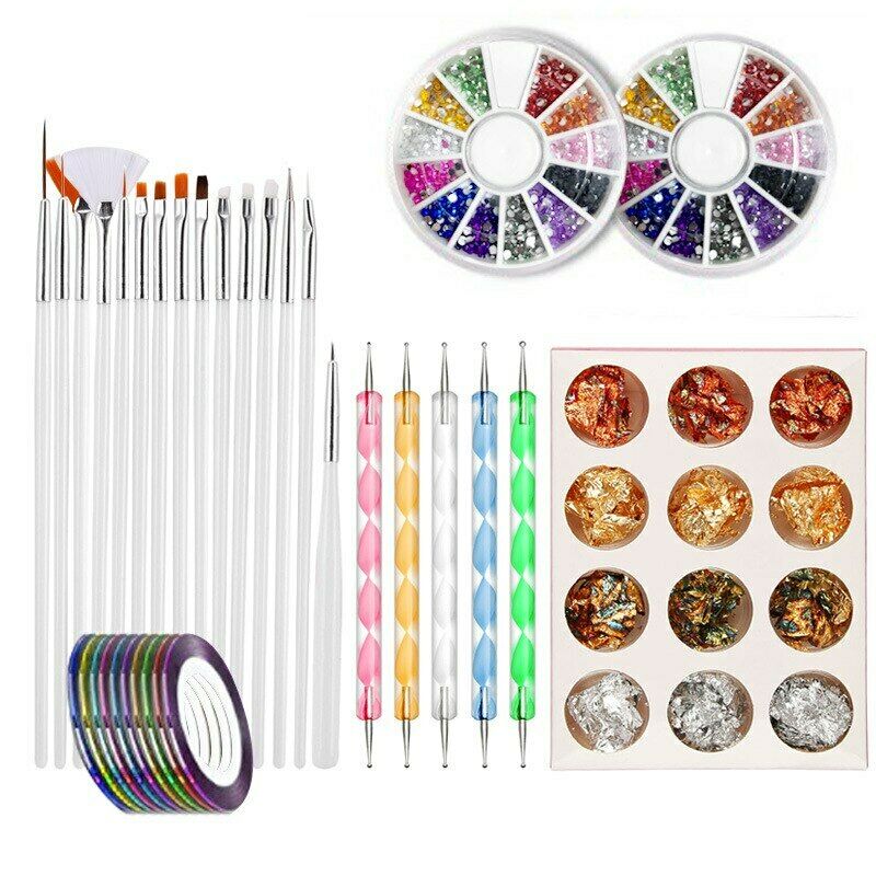 44Pcs Nail Art Set Dotting Brushes Tools Rhinestone Sticker Line Tape Foil Decor