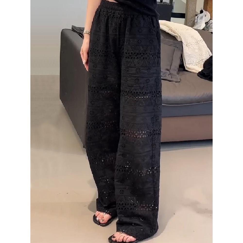 Plus Size Women's High Waist Lace Wide Leg Pants - Summer Thin, Hollow Out, Loose, Slimming, Casual Straight Leg Design