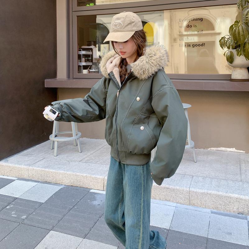 American retro black hooded long-sleeved cotton-padded jacket for women's winter loose fur collar piled thickened jacket green cotton-padded jacket