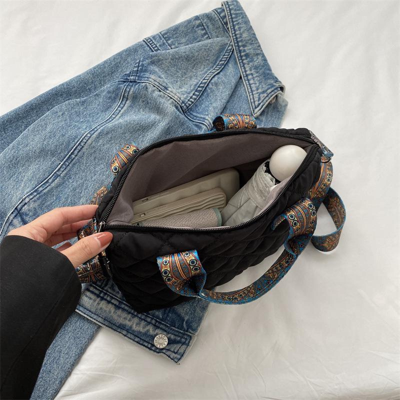 Geantă de damă din bumbac cu puf, tip crossbody, căptușită, curea de umăr lată, căptușită, bumbac căptușit