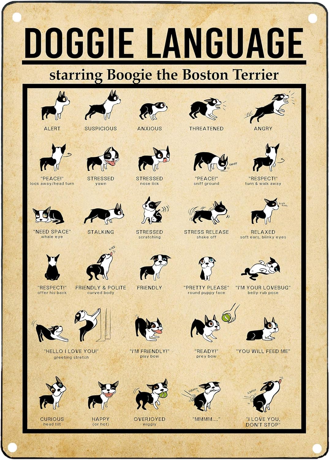 

Doggie Language Knowledge Vintage Metal tin Sign Art Plaque Wall Decor Look Funny Gifts for Home Kitchen Garage Bathroom Farm 20x30cm（7.8x11.8inch）