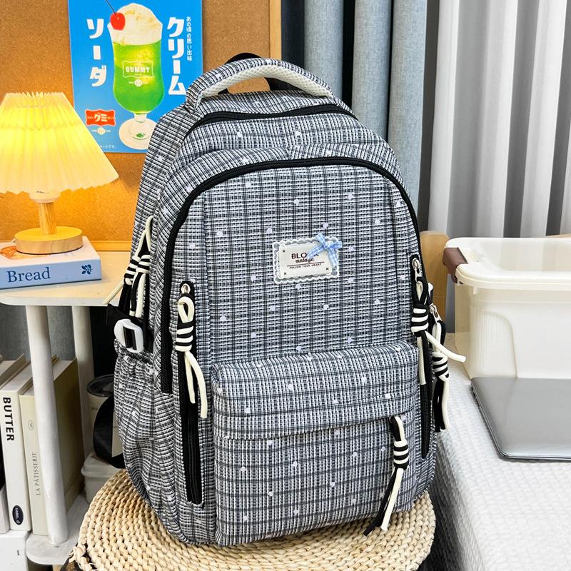 Schoolbag Japanese Fresh Color Sea Salt Blue Plaid Floral Schoolbag Female Sweet Atmosphere Junior and High School Girls Backpack