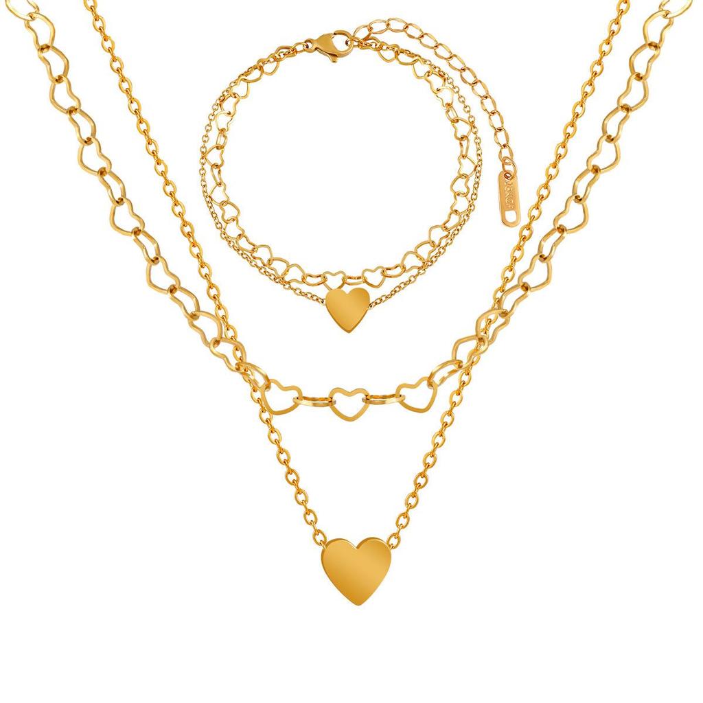 Korean Titanium Steel Heart Bracelet & Necklace Set - Non-Fading, Double-Layer Stackable, Ins Style