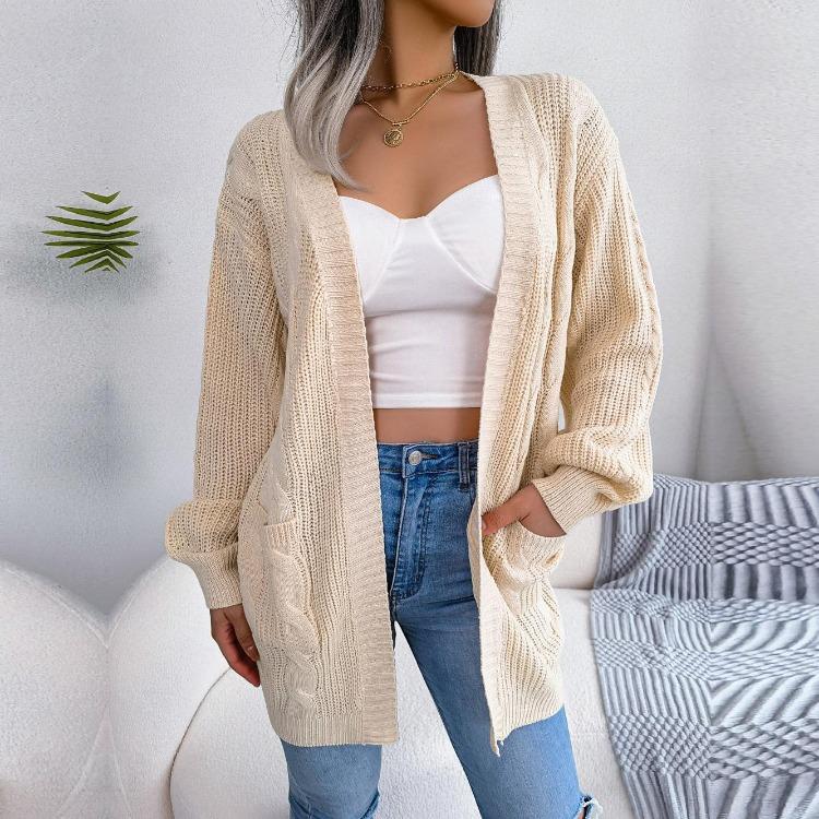 

Women Autumn Winter Cardigan Sweater with Fried Dough Twist Design and Lantern Sleeve Pocket L абрикосовый