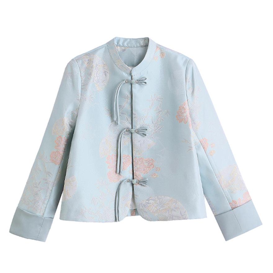 Blue jacquard jacket women's spring and autumn new temperament age-reducing button-up top