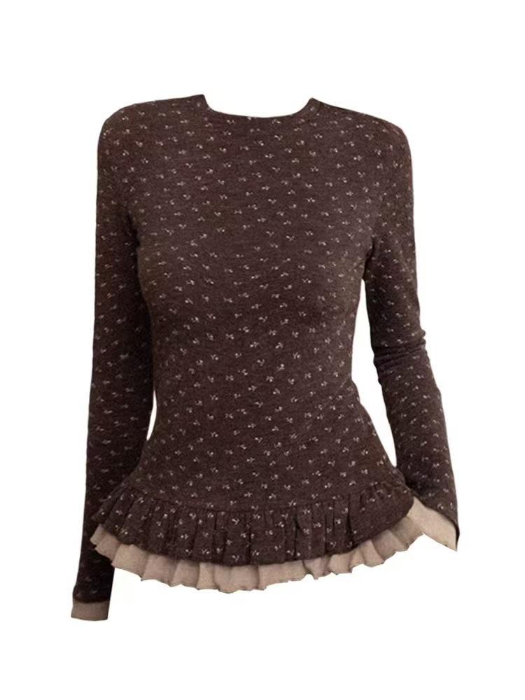 

Women s Spicy Girl Floral Round Neck Long Sleeve T-shirt, Slimming Fit for 2026 Spring/Autumn Extra Large коричневый