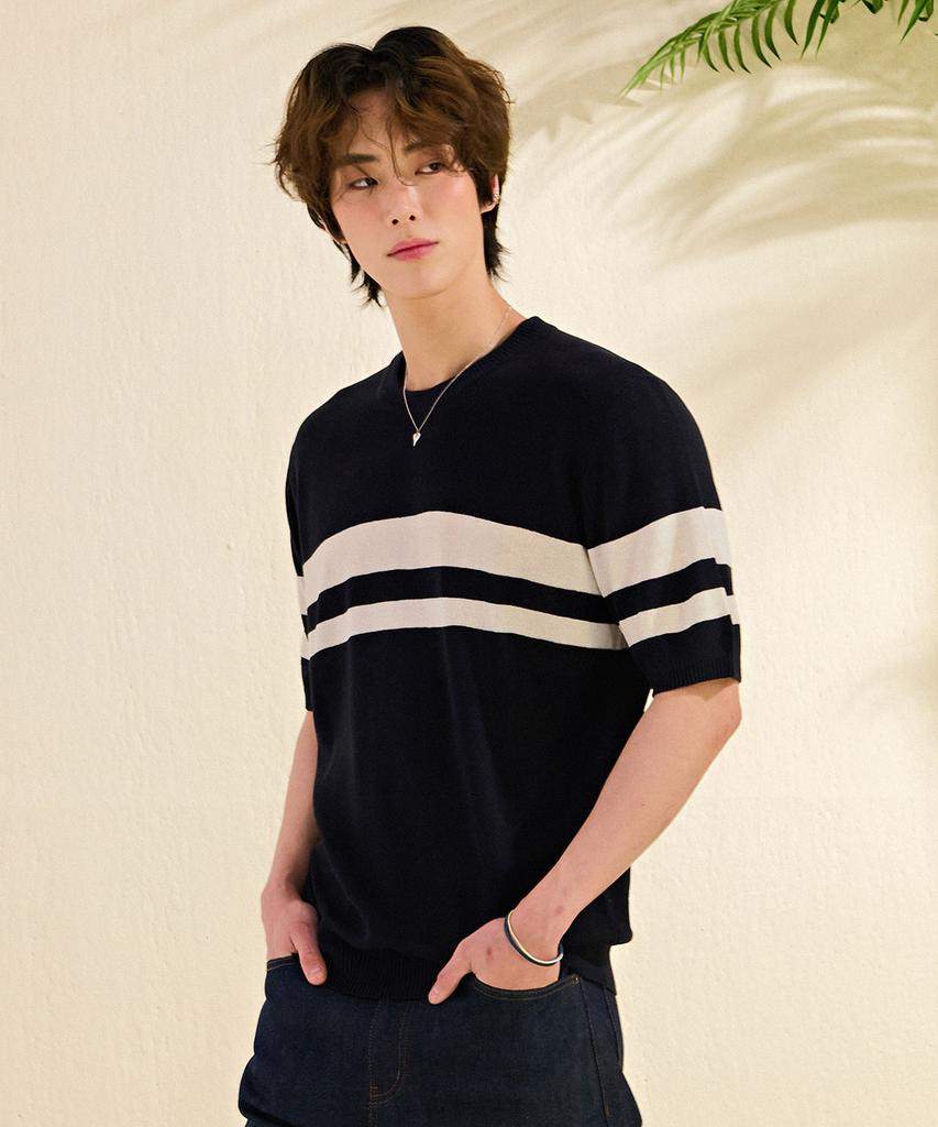 CHASECULT Men'S Cool Touch Block Round Neck Short Sleeve Sweater-Dbrk5613D04