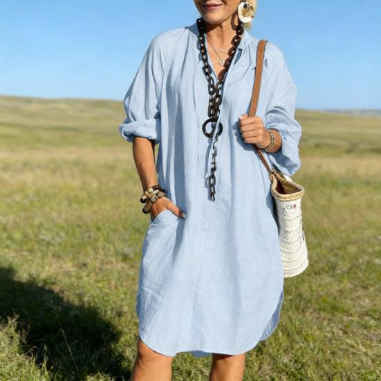 Baumwoll-Leinen-Kleid für Damen Boho Lässig Strandurlaub Sommerkleid Langarm V-Ausschnitt Locker geschnittenes Kleid