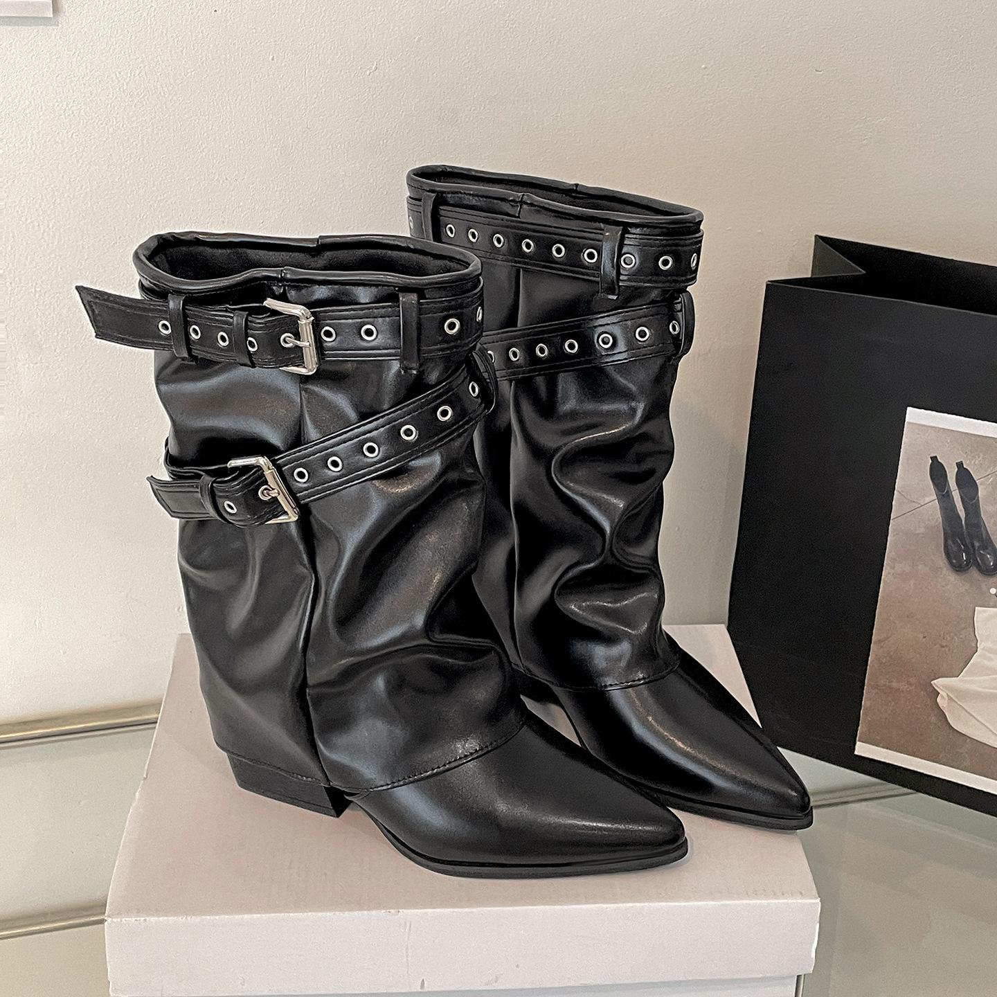 

White British style pointed head thick high-heeled short boots women s 2025 new autumn with skirt height-increasing and thin trouser tube boots 35 чёрный