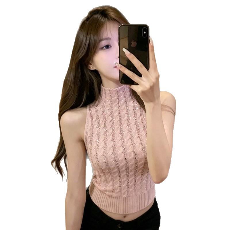 Pure desire sexy hot diamond semi-turtleneck sleeveless knitted vest summer waist thin Spice girl temperament versatile top women