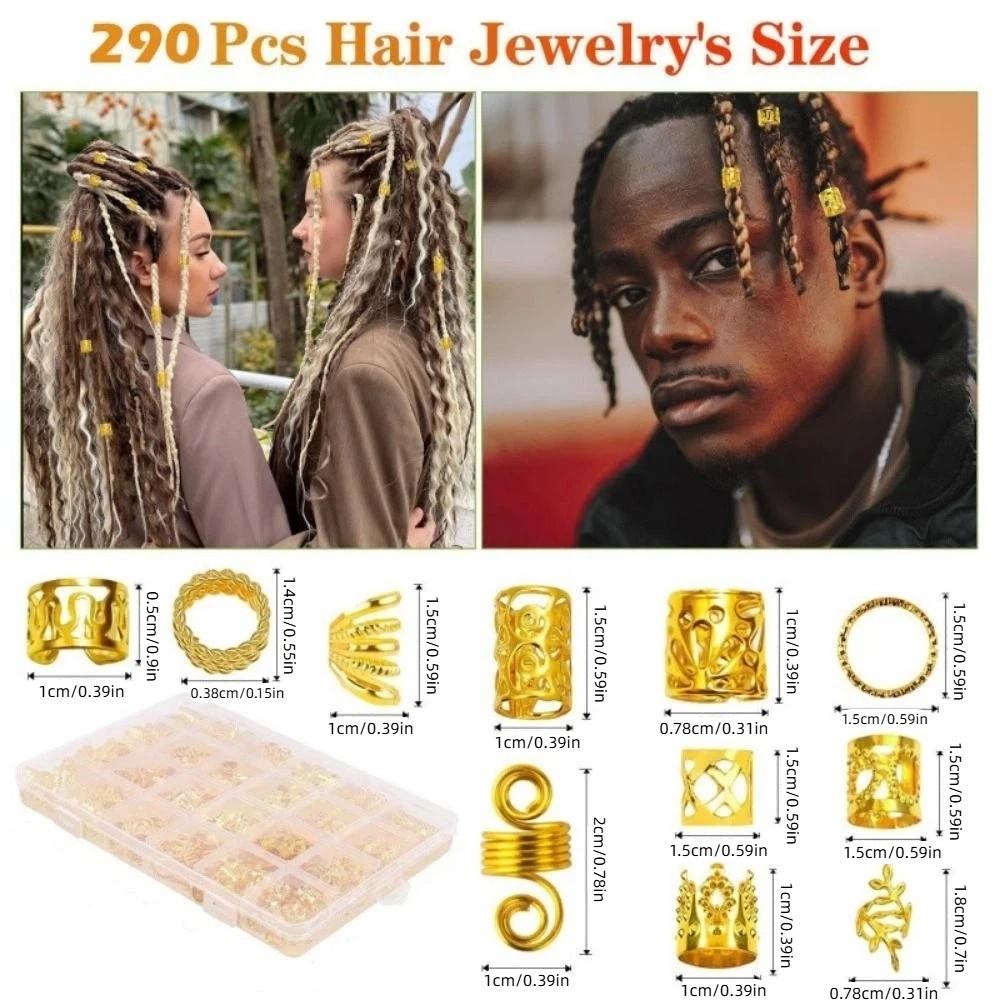 290Pcs Gold Silver Dreadlock Jewelry Hollow Out Metal Hair Rings Charms Hair Braiding Rings Unisex