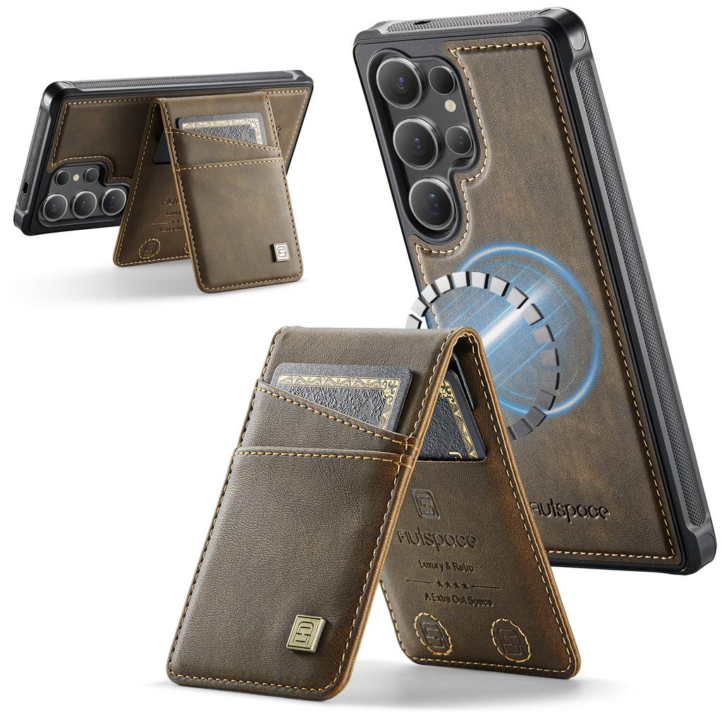 For Samsung Galaxy S25 Ultra Case AUTSPACE A12 Leather Back Cover with Magnetic Detachable Card Bag Kickstand