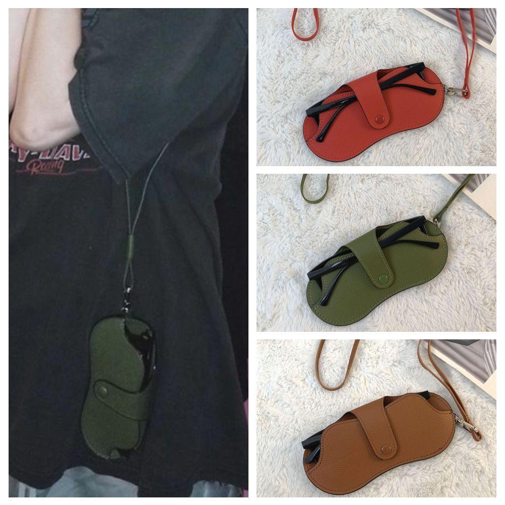 PU Leather Sunglasses Storage Bag with Lanyard Solid Color Sunglasses Pouch Durable Portable Hanging Sunglasses