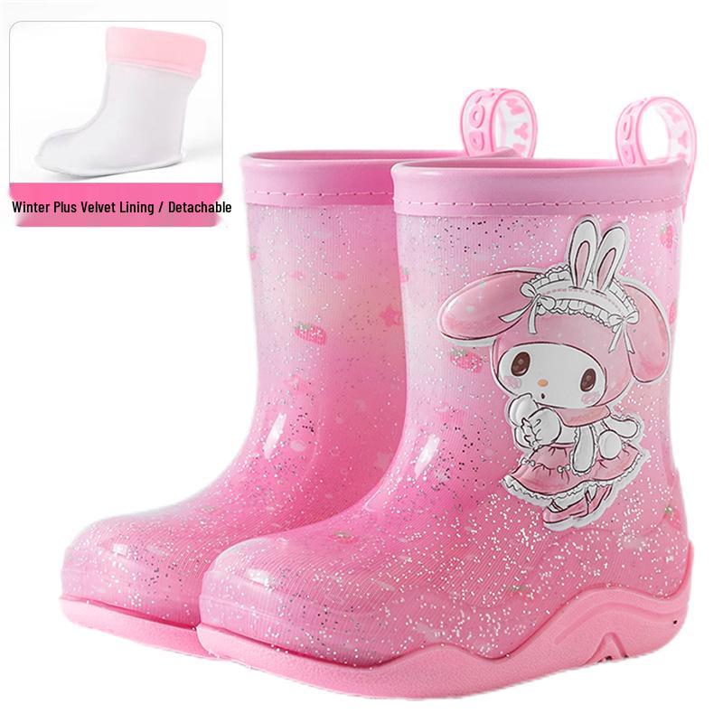 Sanrio Kids Waterproof Girls' Winter Rain Boots with Fleece Lining, Non-Slip Outdoor Rubber Boots