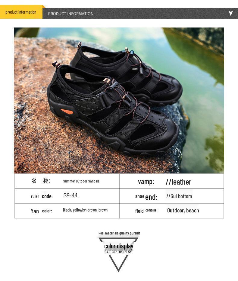 Men's Outdoor Breathable Closed-Toe Leather Sandals - Comfortable, Large Size, Cross-Border Summer Beach Shoes