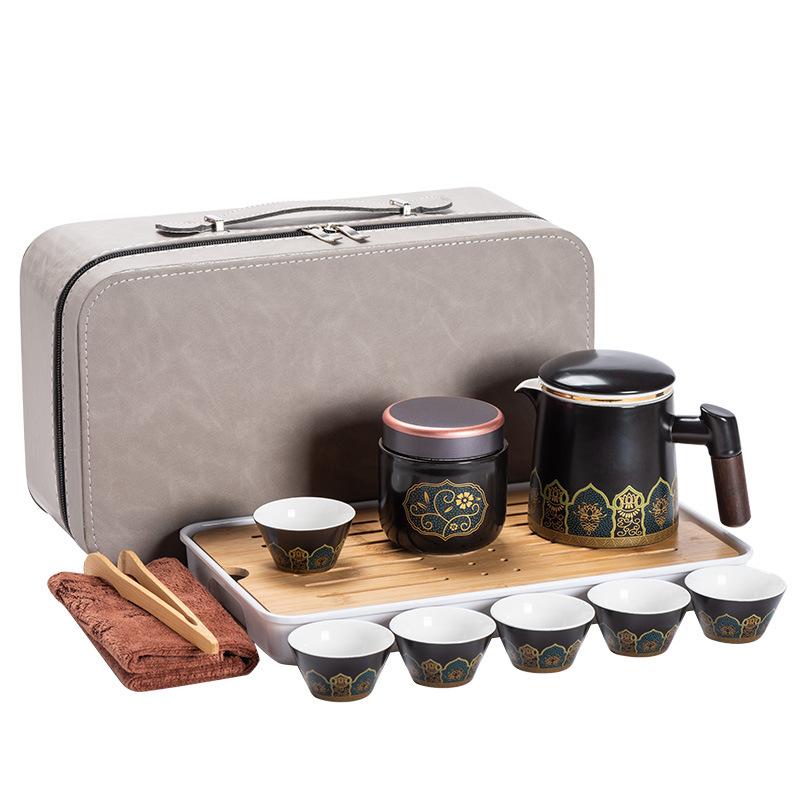 High-end Leather Bag Travel Kung Fu Tea Set Ceramic One Pot Three Four Six Cups Company Commemorative Gift