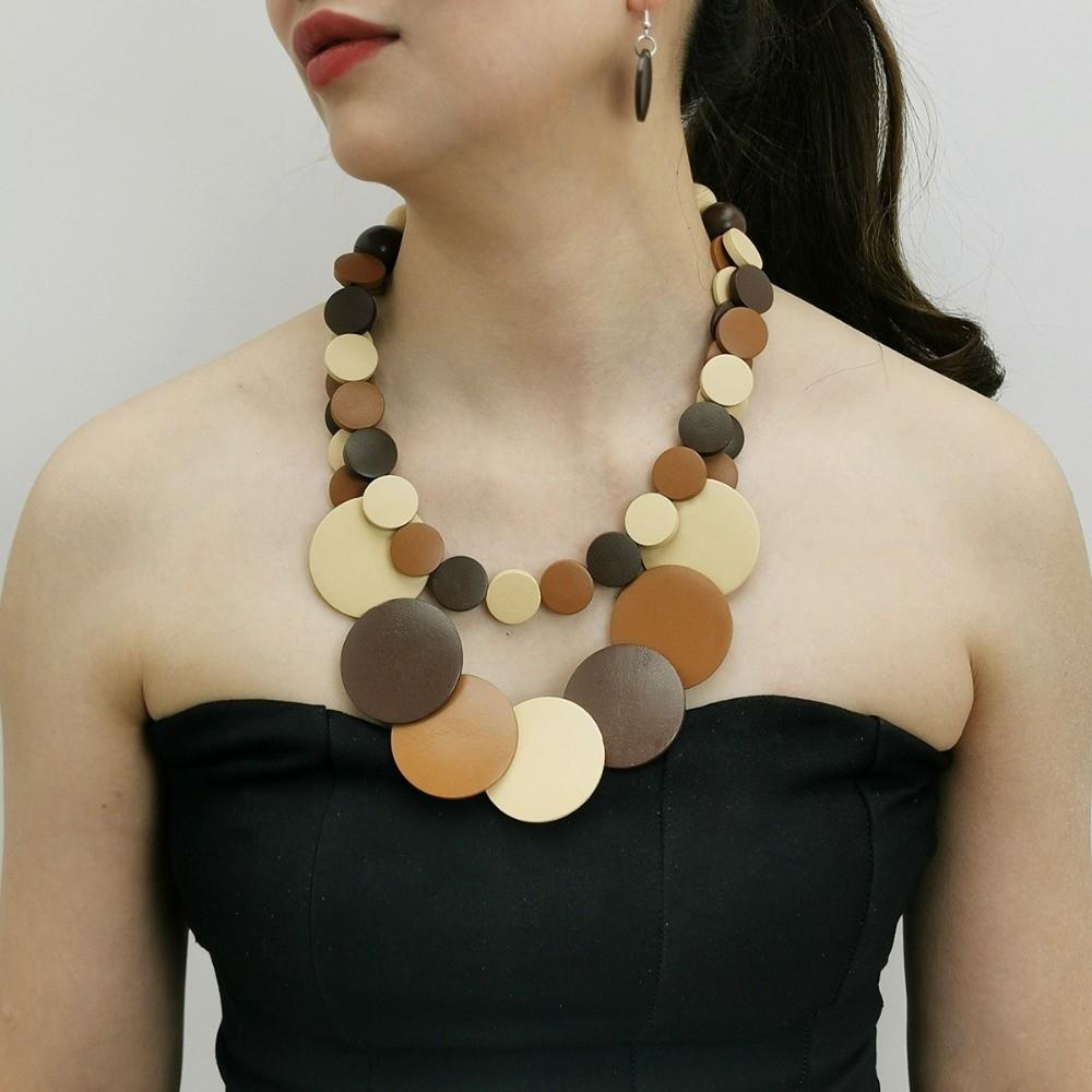 Necklace Wooden Beaded Necklace Double-layer Jewelry Set Exaggerated Round Necklace Beach