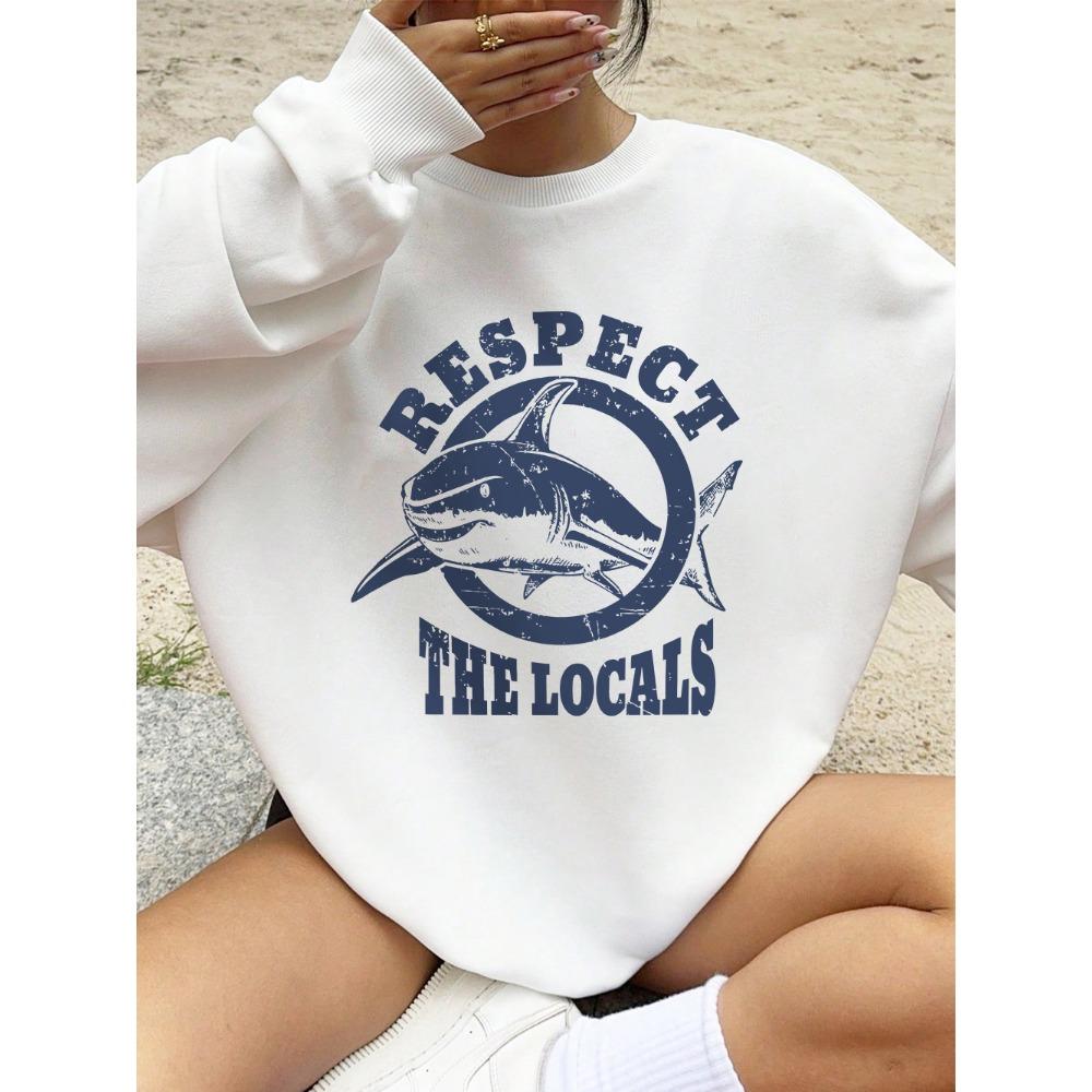 

2025 Protect the Locals Shark Print Sweatshirt Women s Autumn and Winter Warm Hoodie Round Neck Top Basic Sportswear S