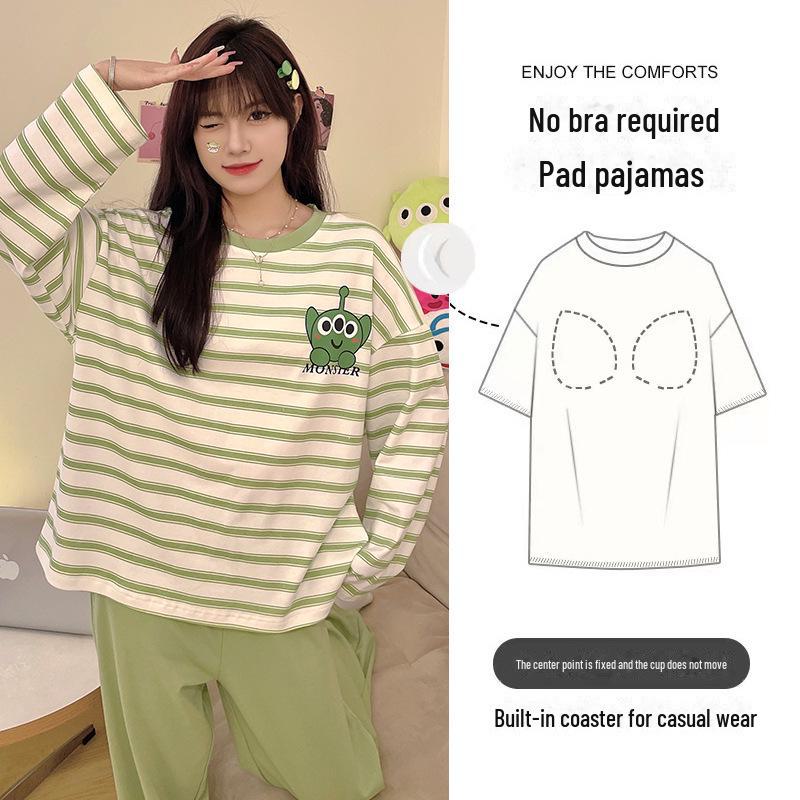 Pijama feminino de manga comprida com estampa de desenho animado e protetores de peito - algodão fino para uso interno/externo na primavera, outono e inverno